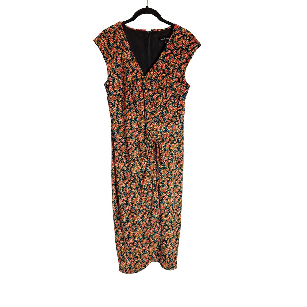 Nanette Lepore Floral Midi Dress V-Neck Ruched Cap Sleeve Multi-Color Size 8